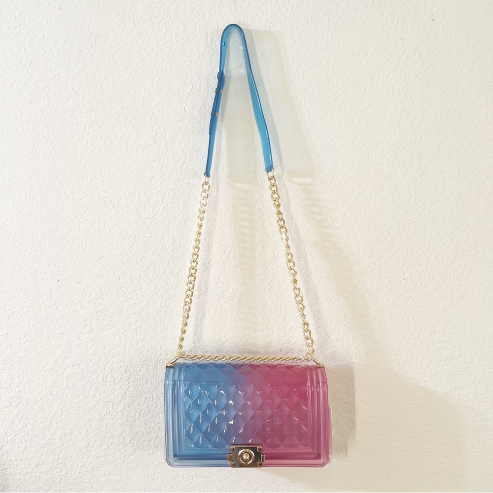 Le Miel PVC Quilted Gradient Chain Strap Crossbody Blue /Pink NWT.